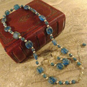 Czech glass necklace/earring set in Mediterranean blue with Picasso matte finish